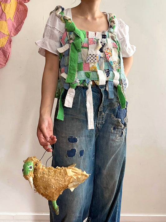 old quilt hand woven bustier / yellow green