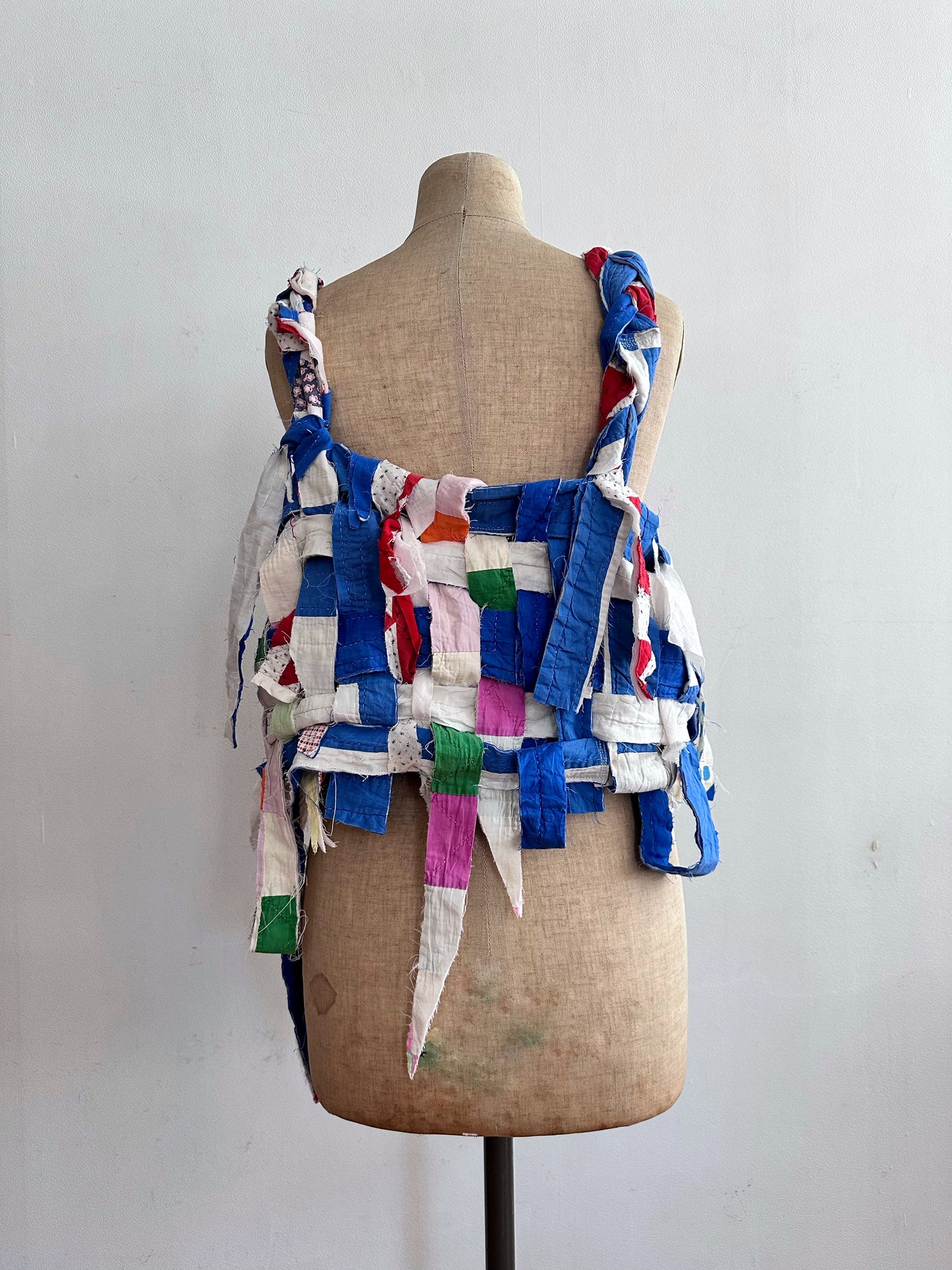 old quilt hand woven bustier /blue