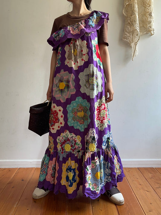 old quilt top frill dress /purple