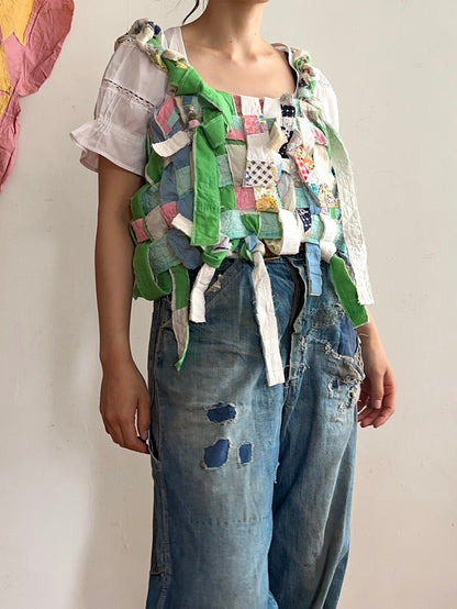 old quilt hand woven bustier / yellow green