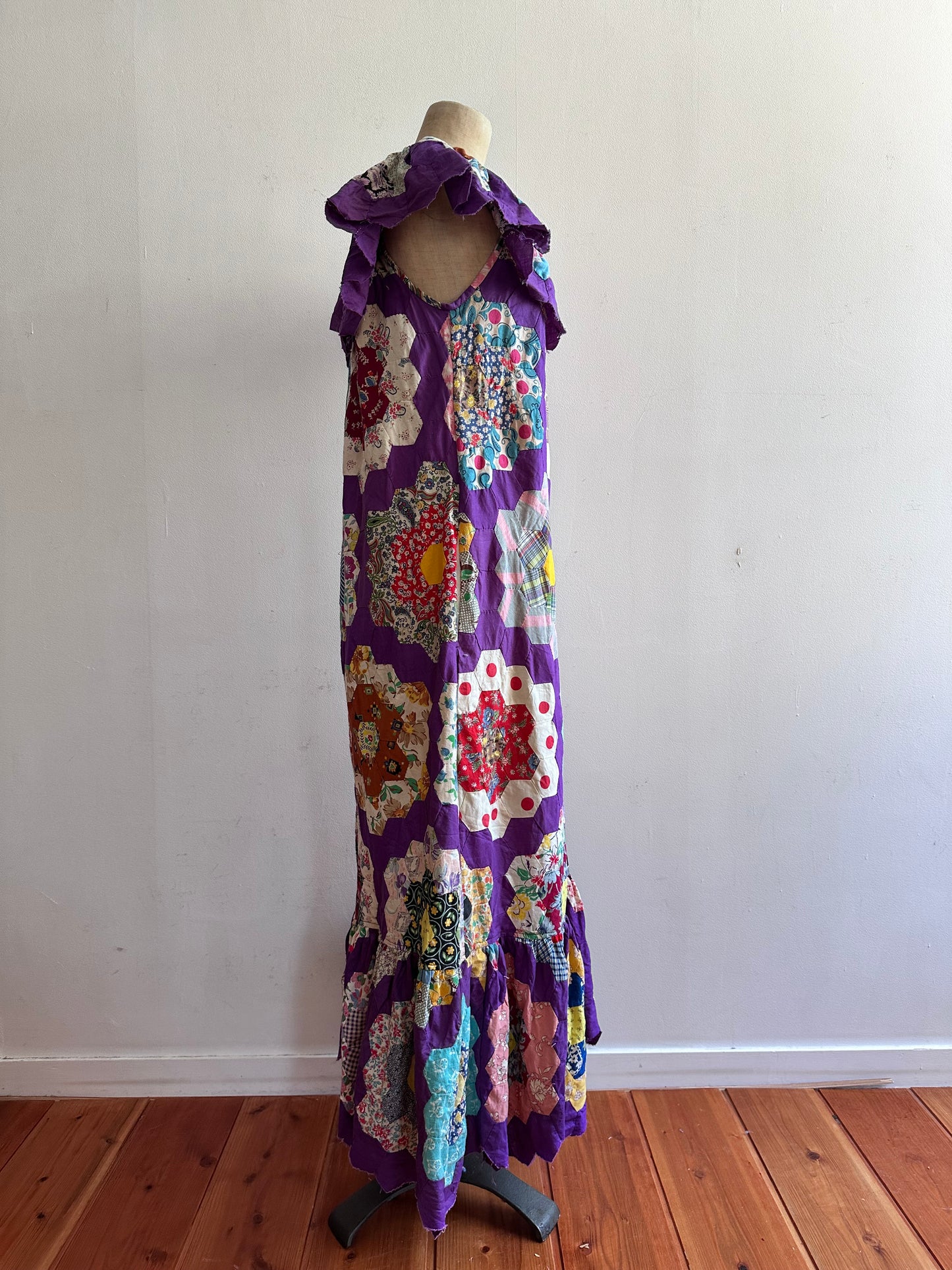 old quilt top frill dress /purple