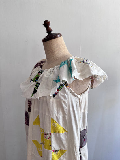 old quilt top frill dress / white