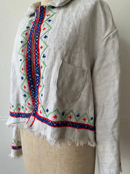 giacca corta in lino vecchio cucita a mano