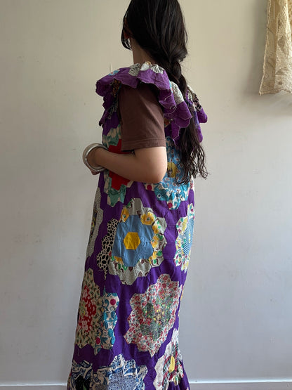 old quilt top frill dress /purple