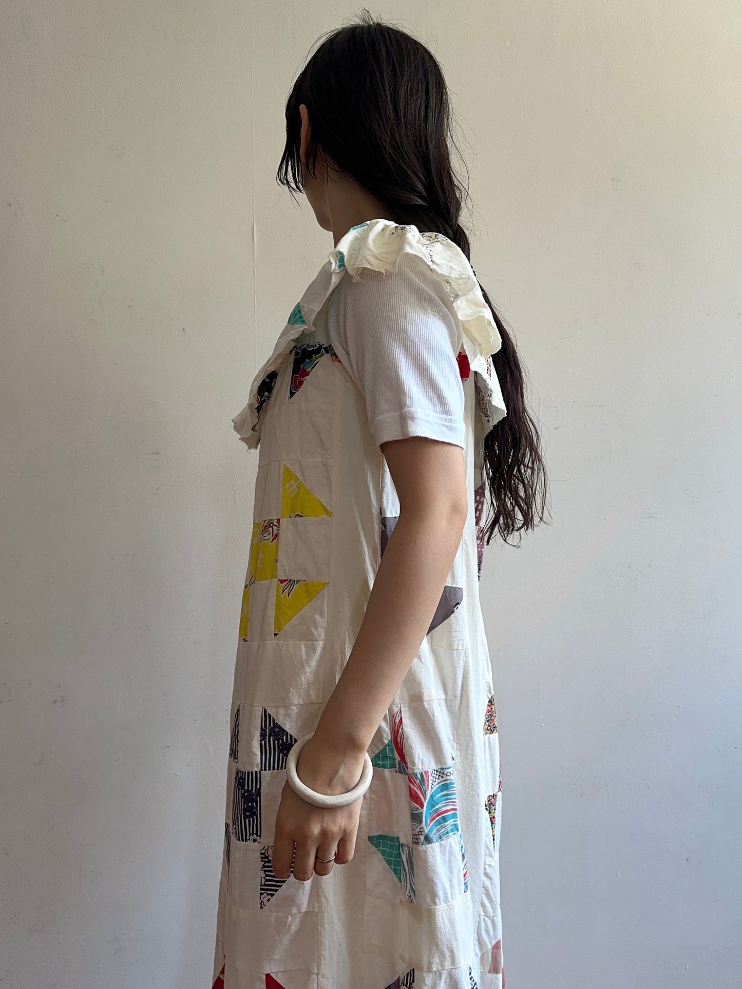 old quilt top frill dress / white