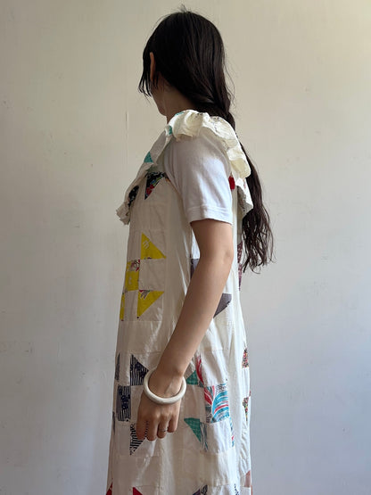 old quilt top frill dress / white