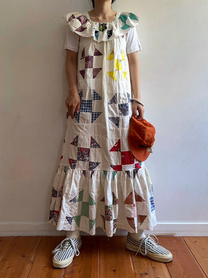 old quilt top frill dress / white
