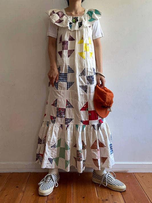 old quilt top frill dress / white
