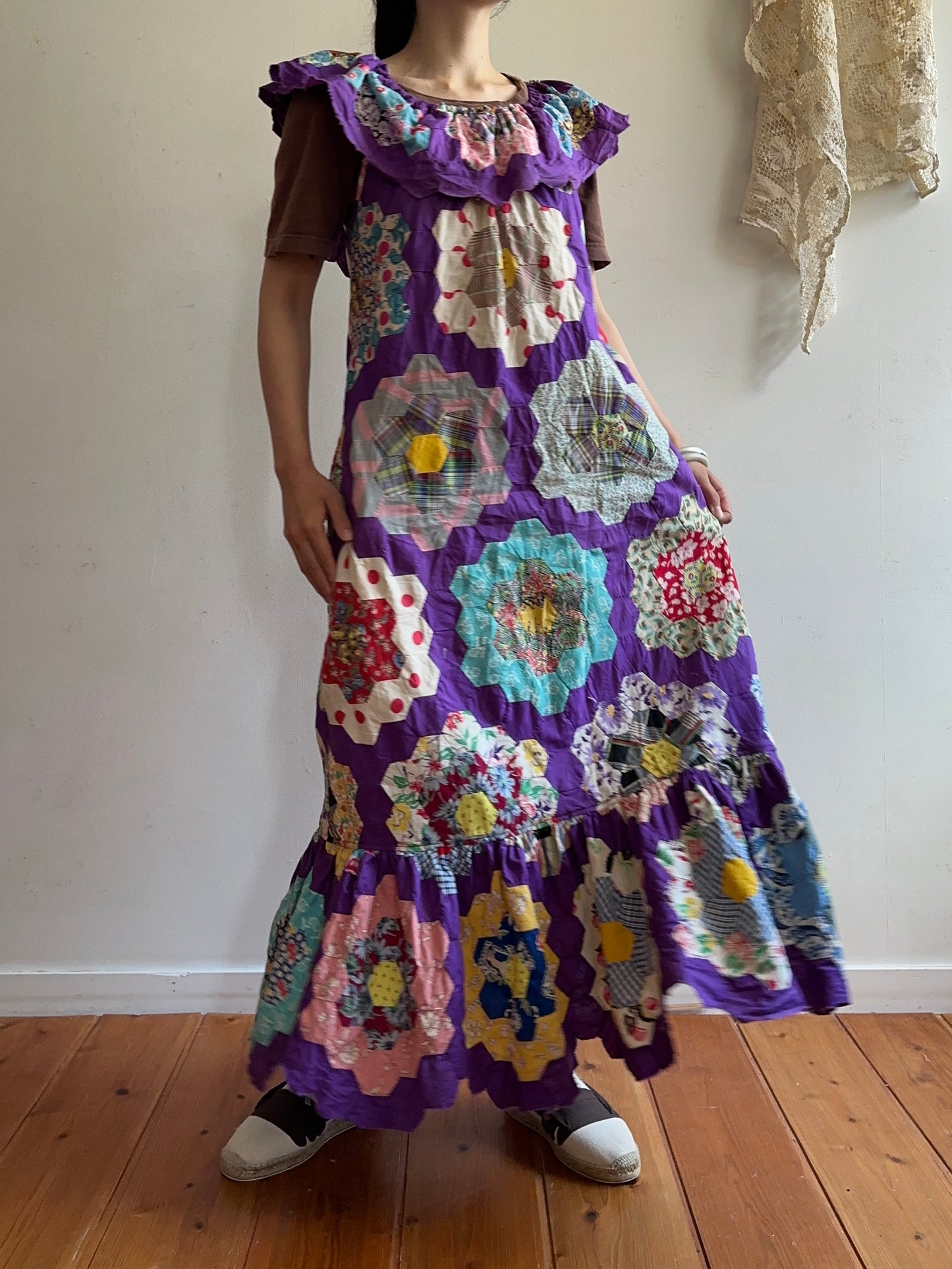 old quilt top frill dress /purple