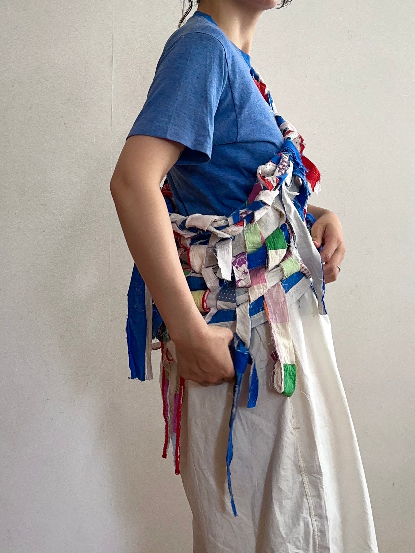 old quilt hand woven bustier /blue