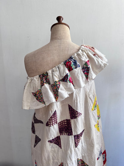 old quilt top frill dress / white