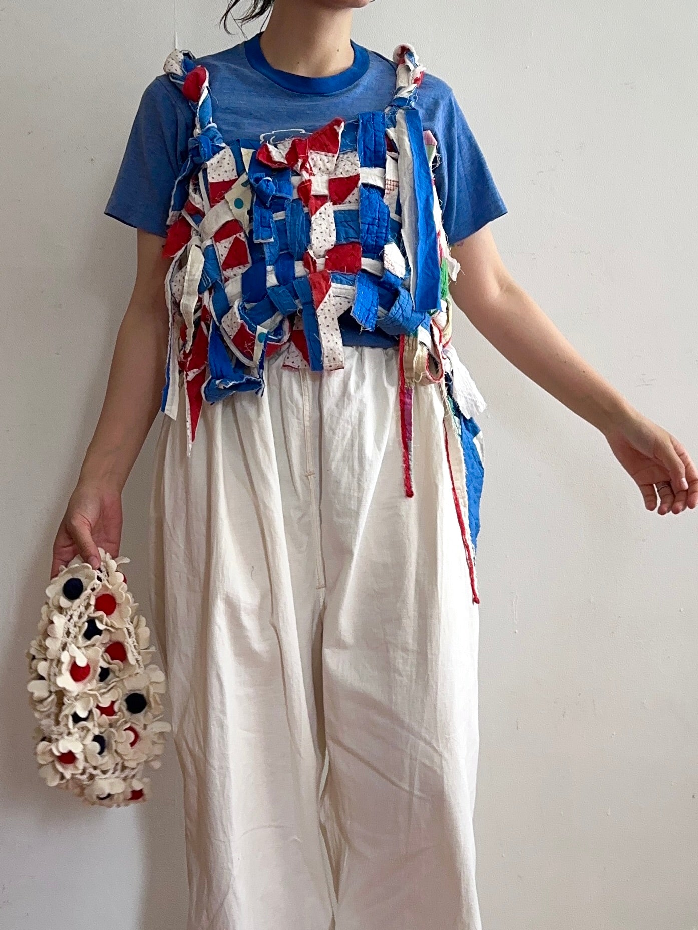 old quilt hand woven bustier /blue