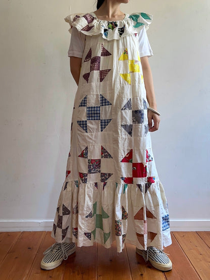 old quilt top frill dress / white