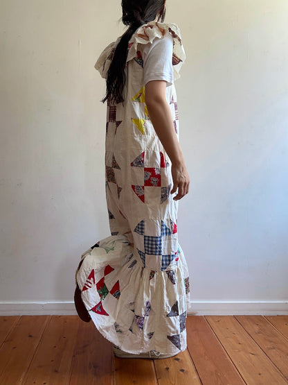 old quilt top frill dress / white
