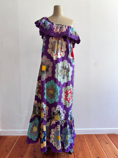 old quilt top frill dress /purple