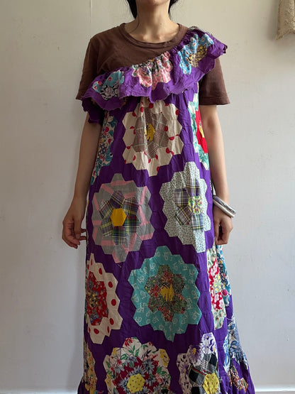 old quilt top frill dress /purple
