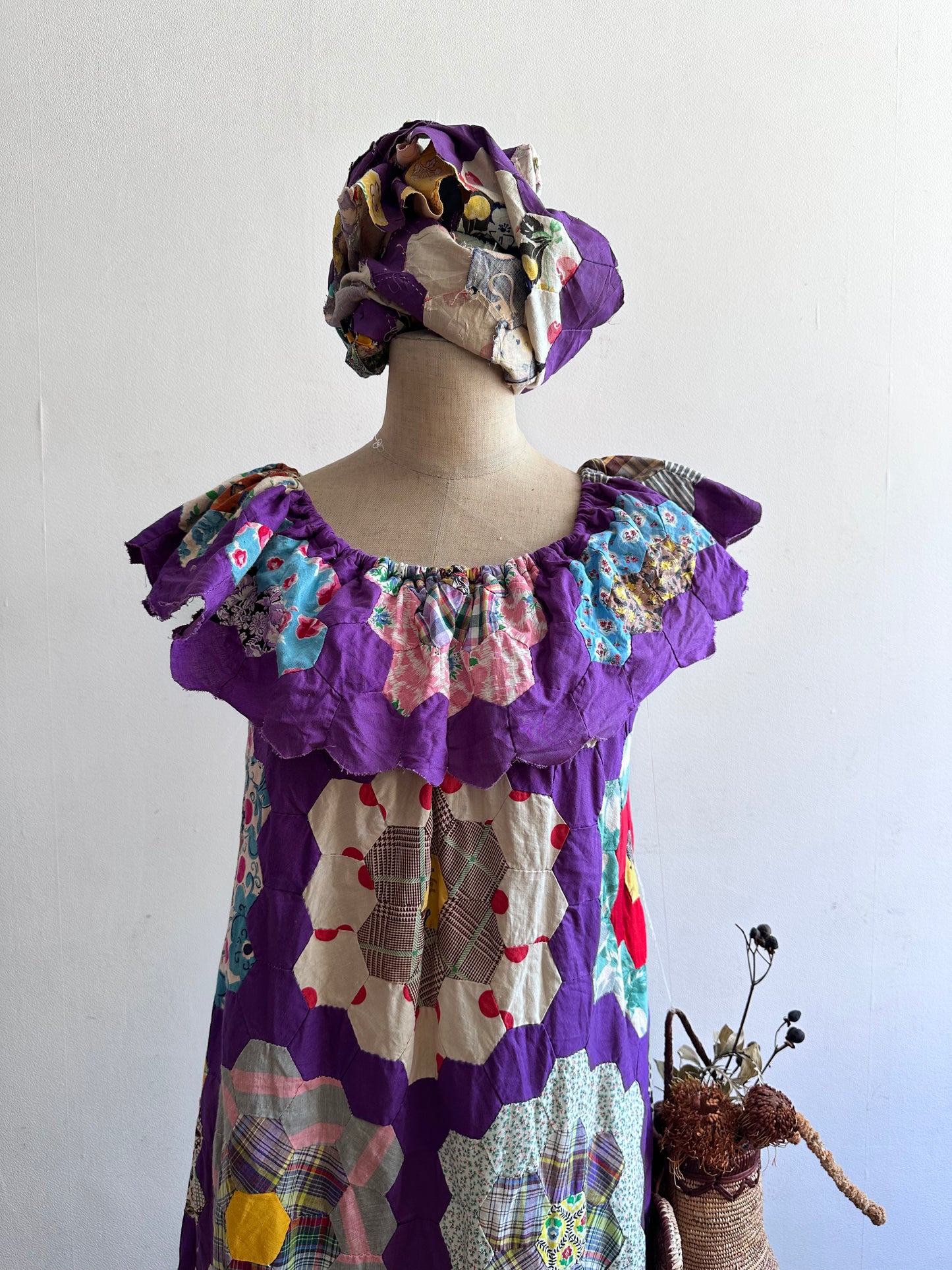 old quilt top frill dress /purple