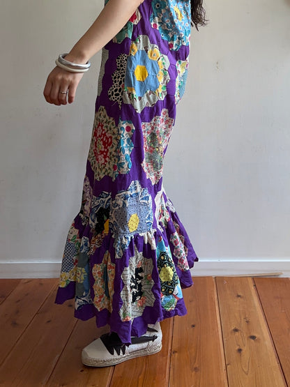 old quilt top frill dress /purple