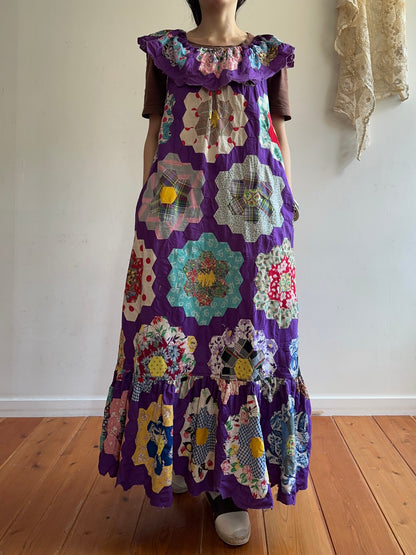 old quilt top frill dress /purple