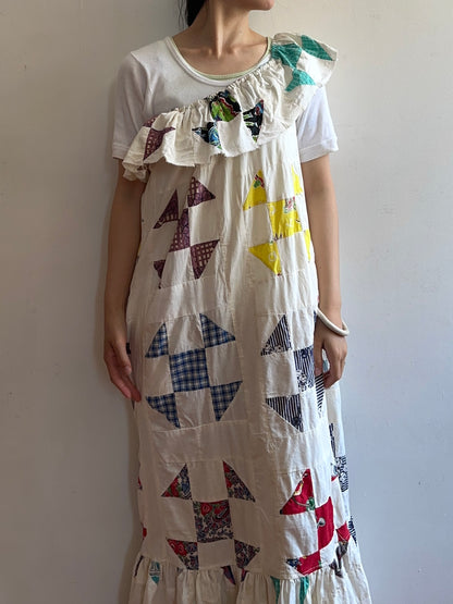 old quilt top frill dress / white