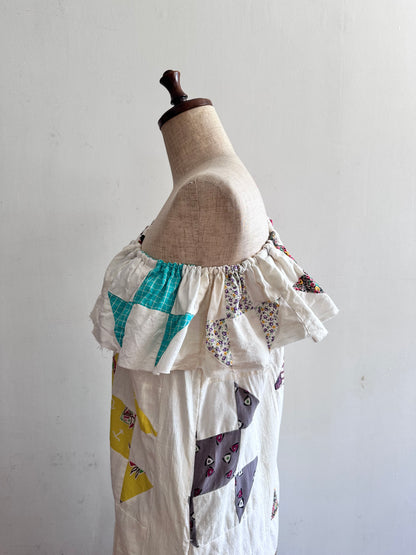 old quilt top frill dress / white