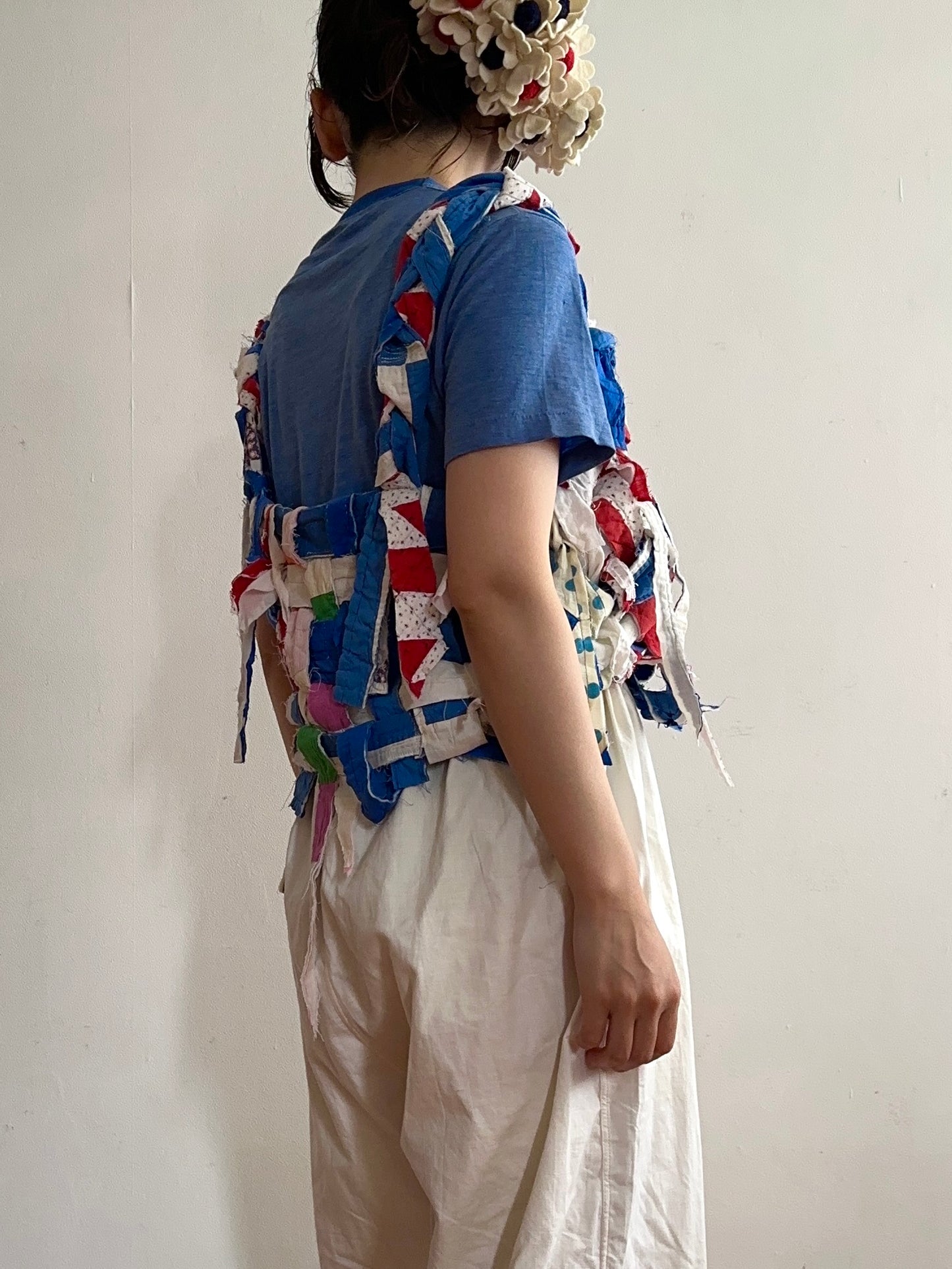 old quilt hand woven bustier /blue