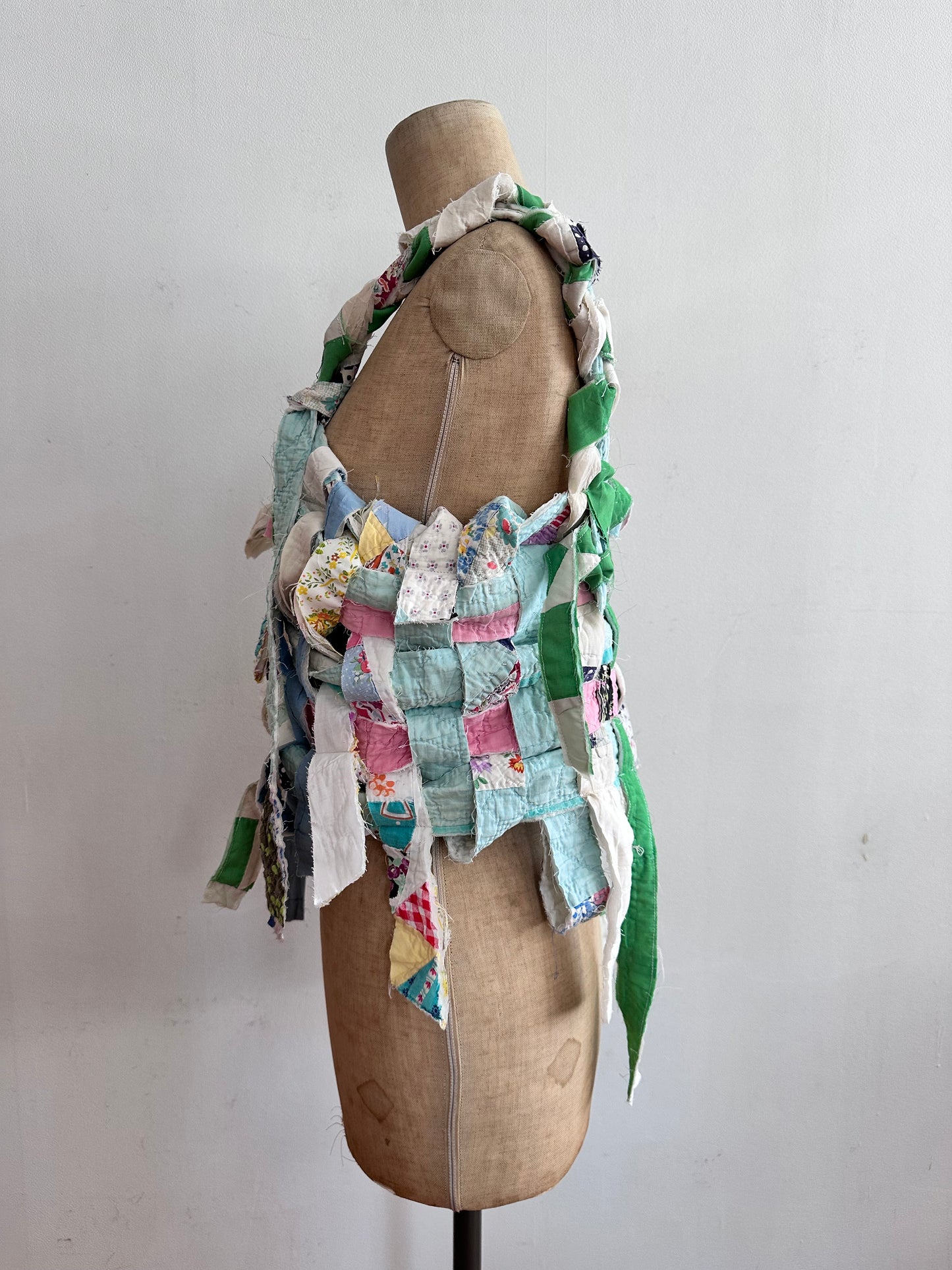 old quilt hand woven bustier / yellow green