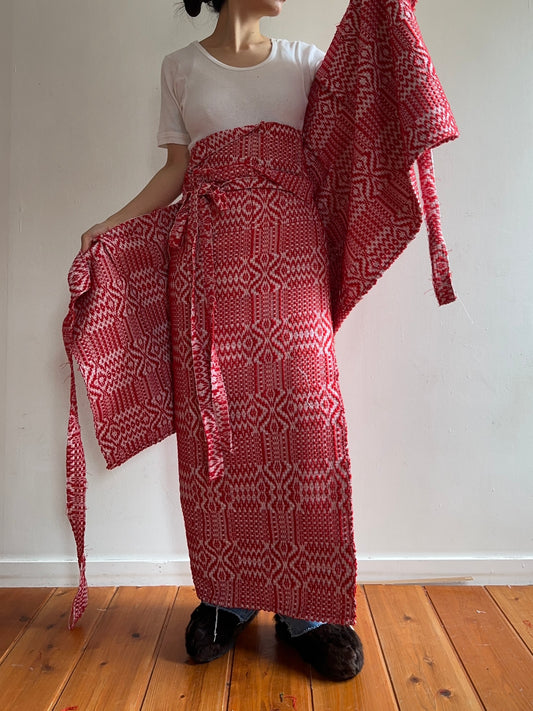 old coverlet wrap long skirt / red
