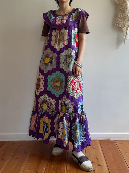 old quilt top frill dress /purple