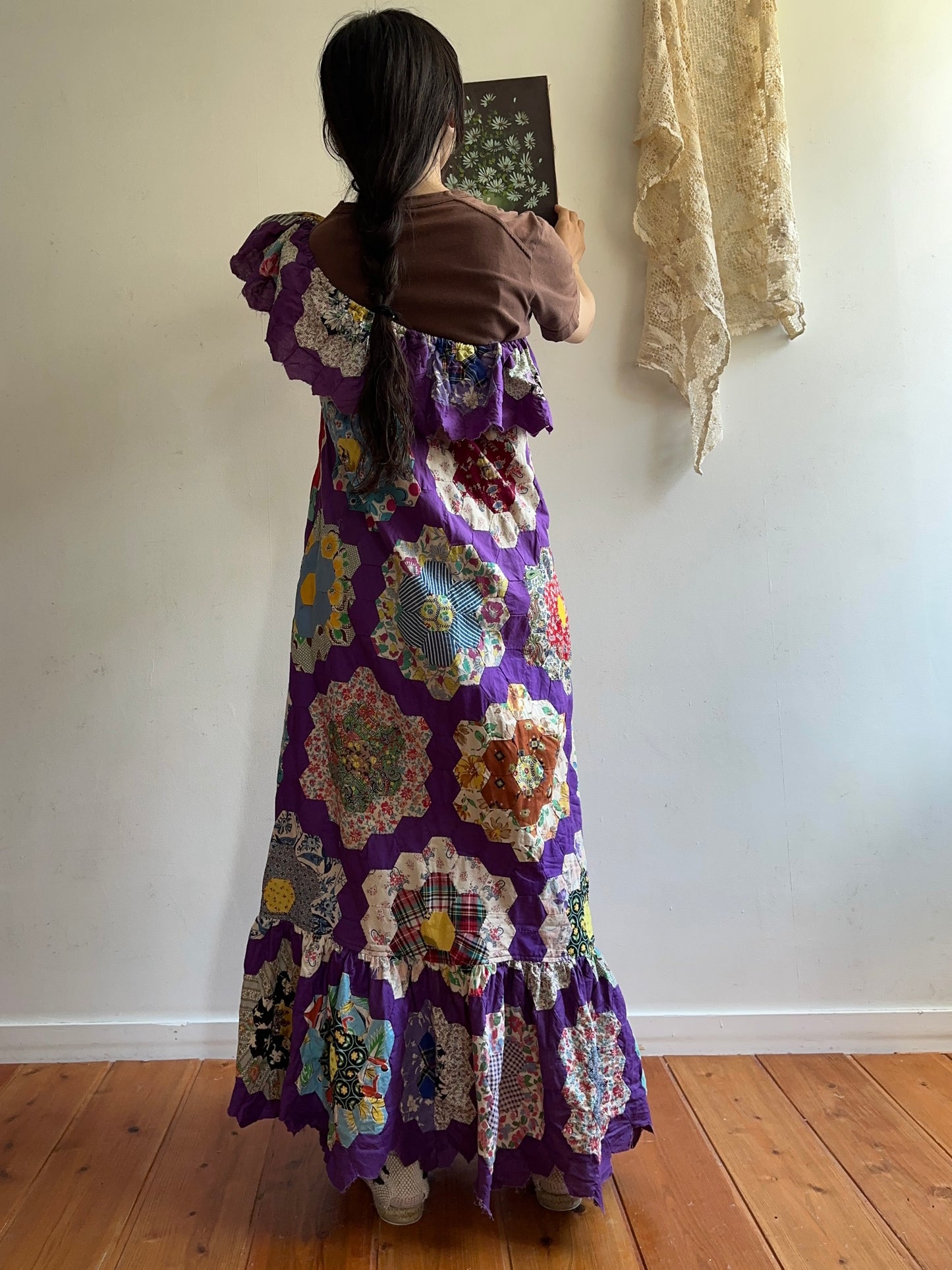 old quilt top frill dress /purple