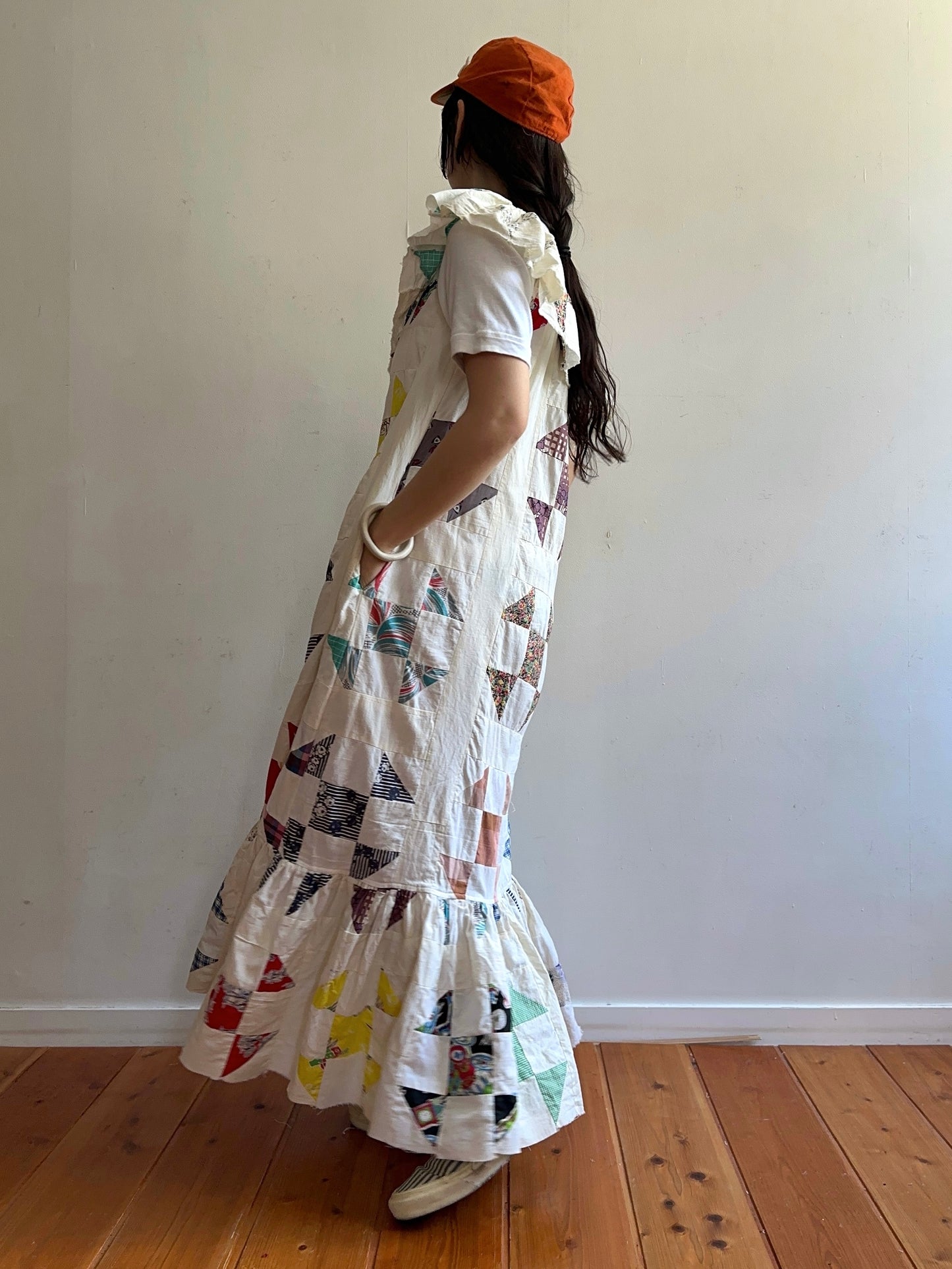 old quilt top frill dress / white