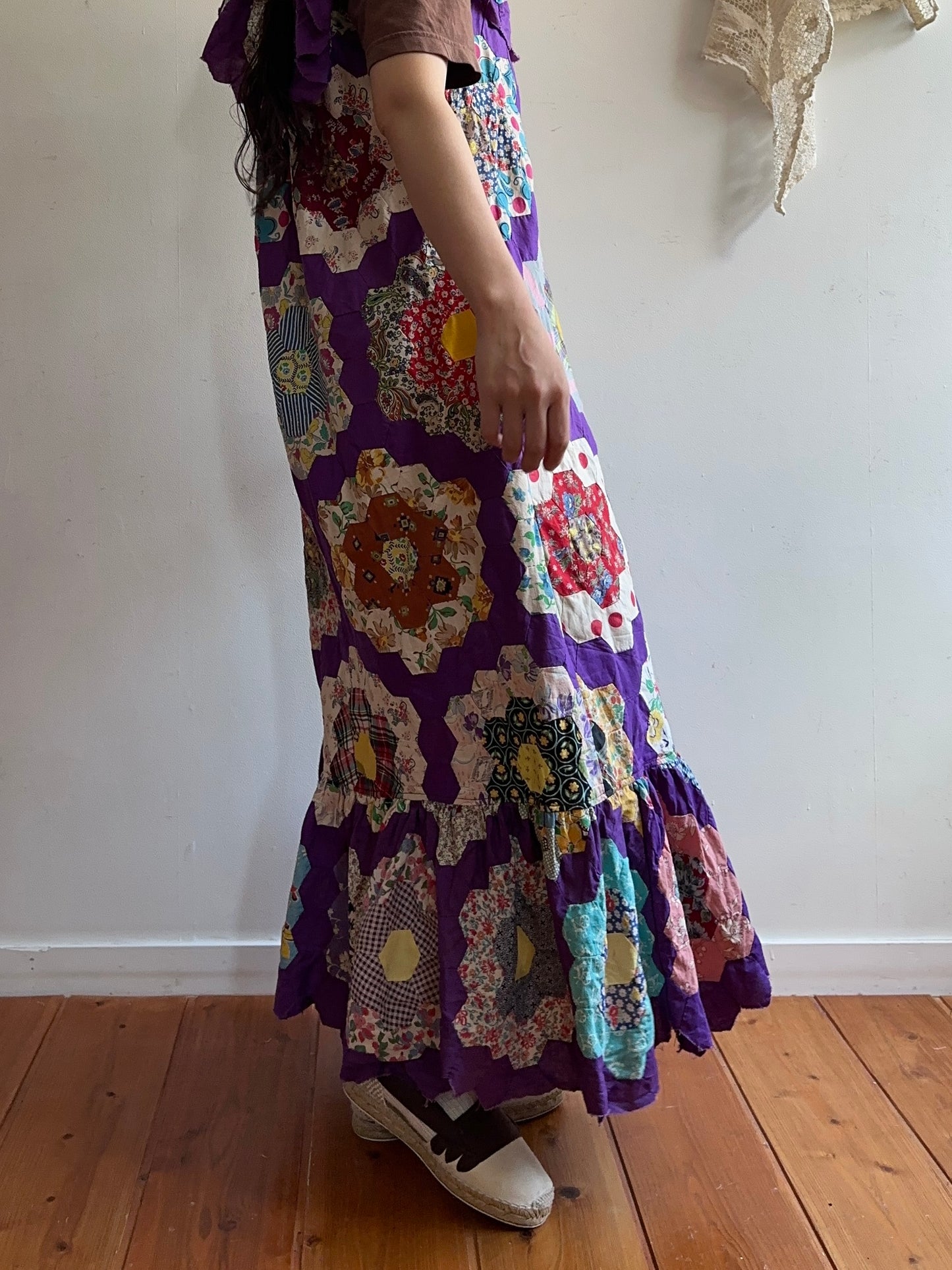 old quilt top frill dress /purple