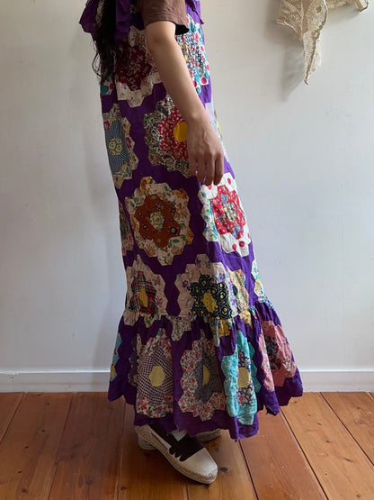 old quilt top frill dress /purple