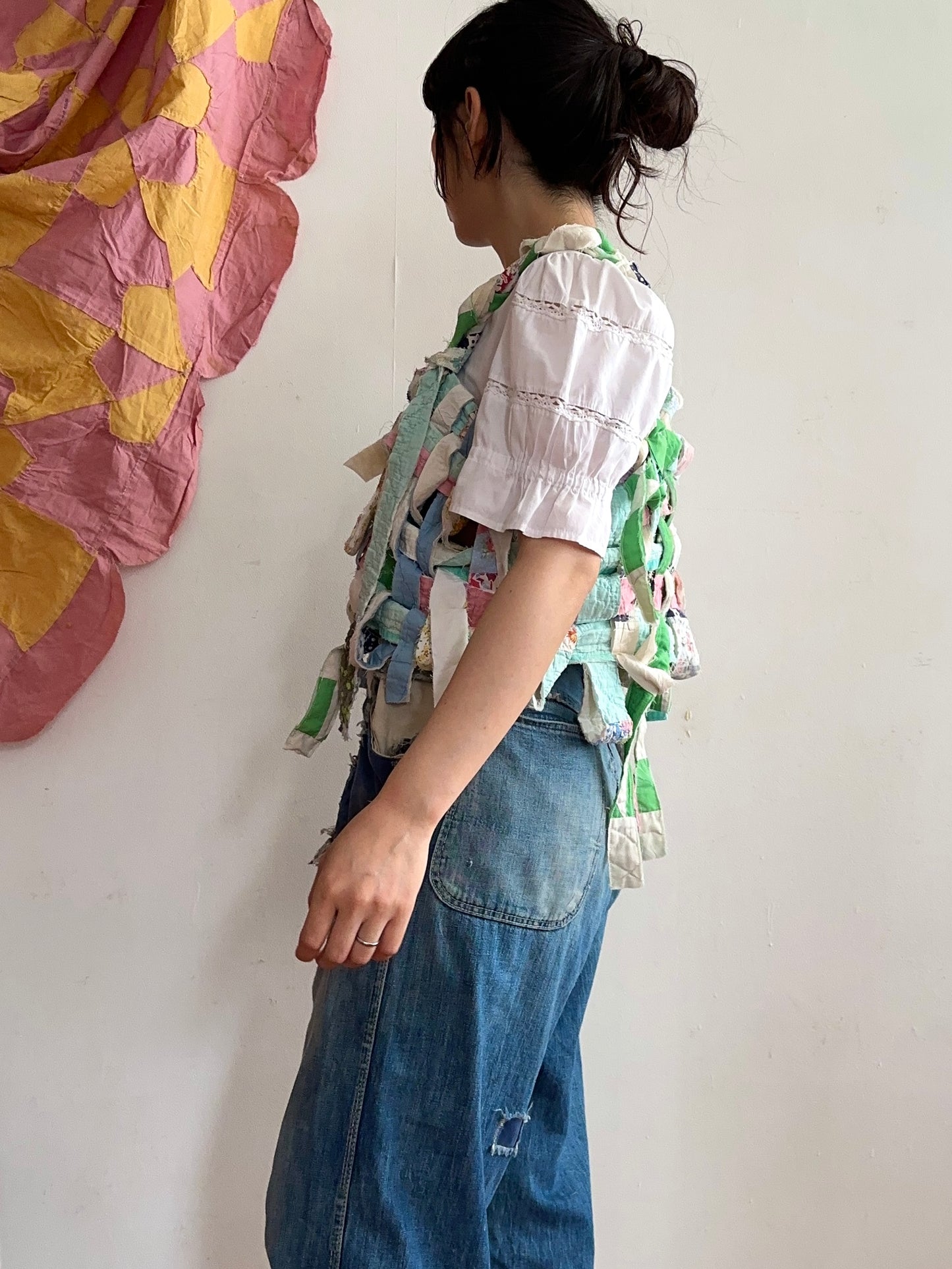 old quilt hand woven bustier / yellow green