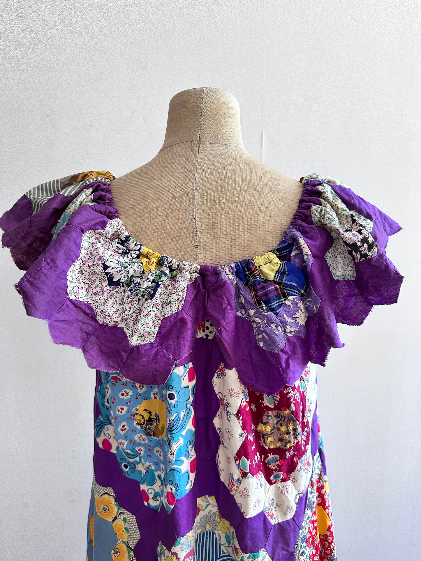 old quilt top frill dress /purple