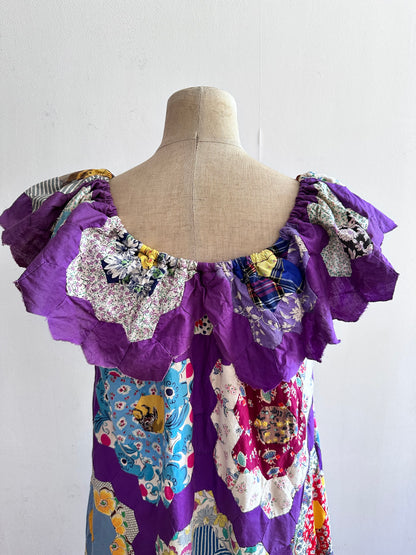 old quilt top frill dress /purple