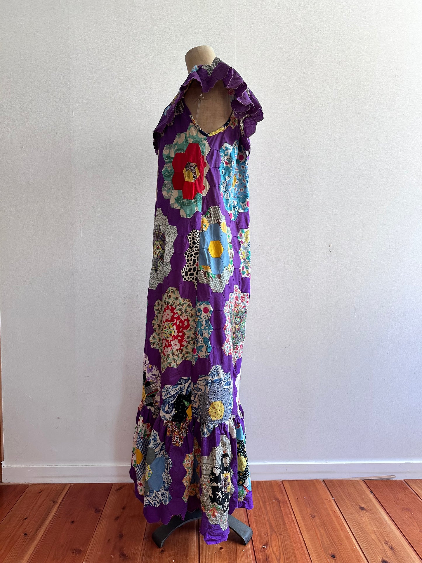 old quilt top frill dress /purple