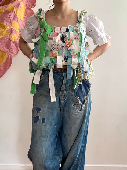 old quilt hand woven bustier / yellow green