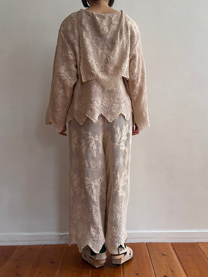 old crochet lace many tuck pants