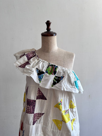 old quilt top frill dress / white