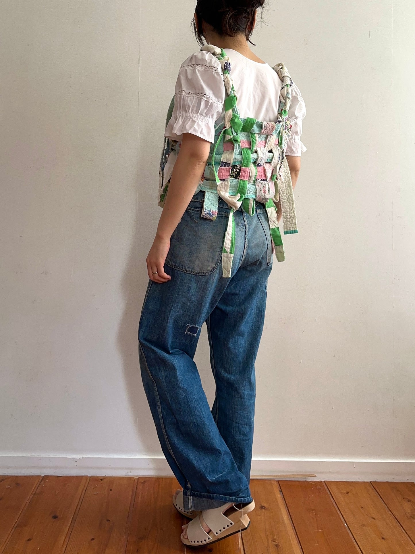 old quilt hand woven bustier / yellow green