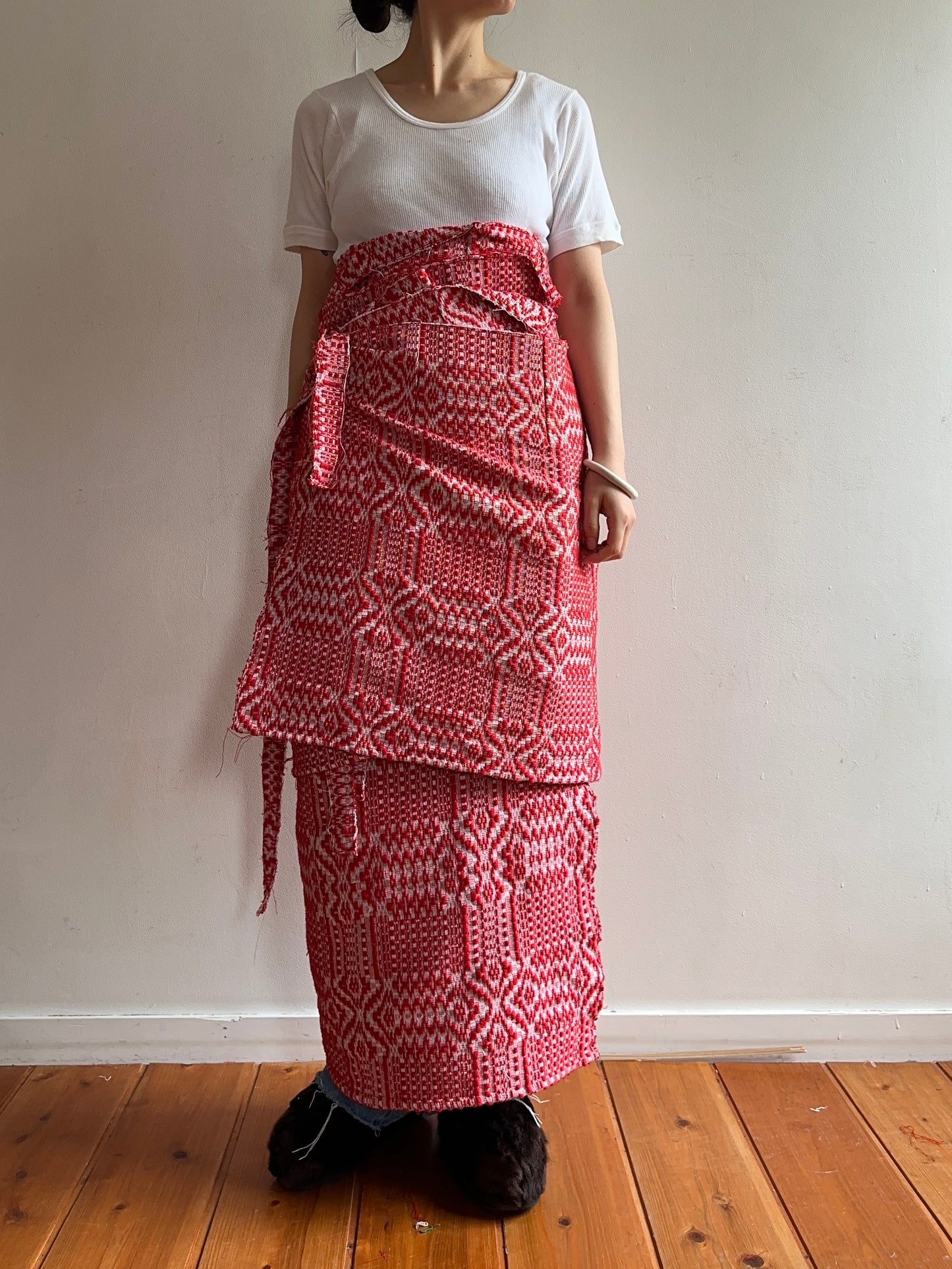 old coverlet wrap long skirt / red