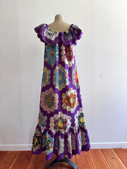old quilt top frill dress /purple
