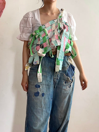 old quilt hand woven bustier / yellow green