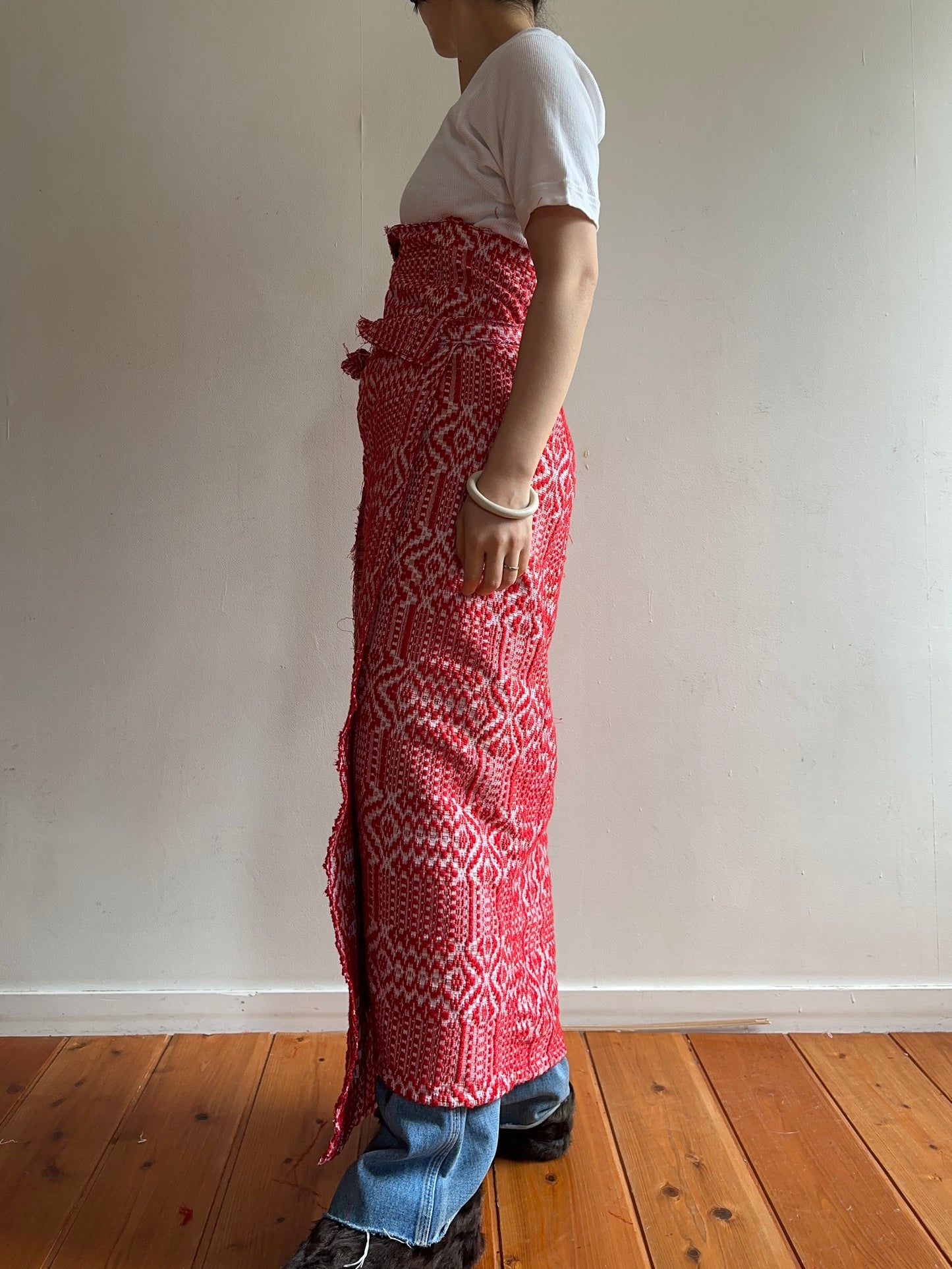 old coverlet wrap long skirt / red