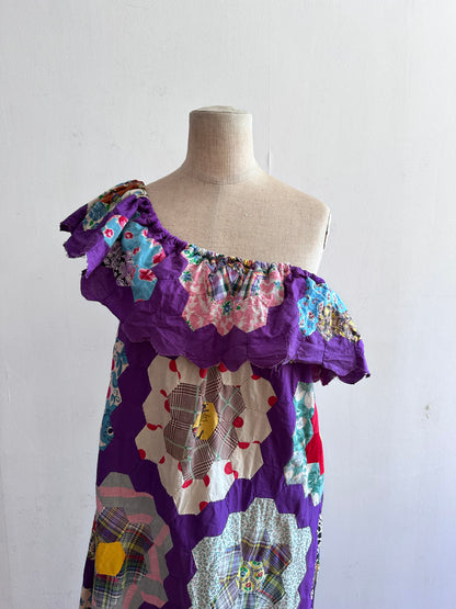 old quilt top frill dress /purple