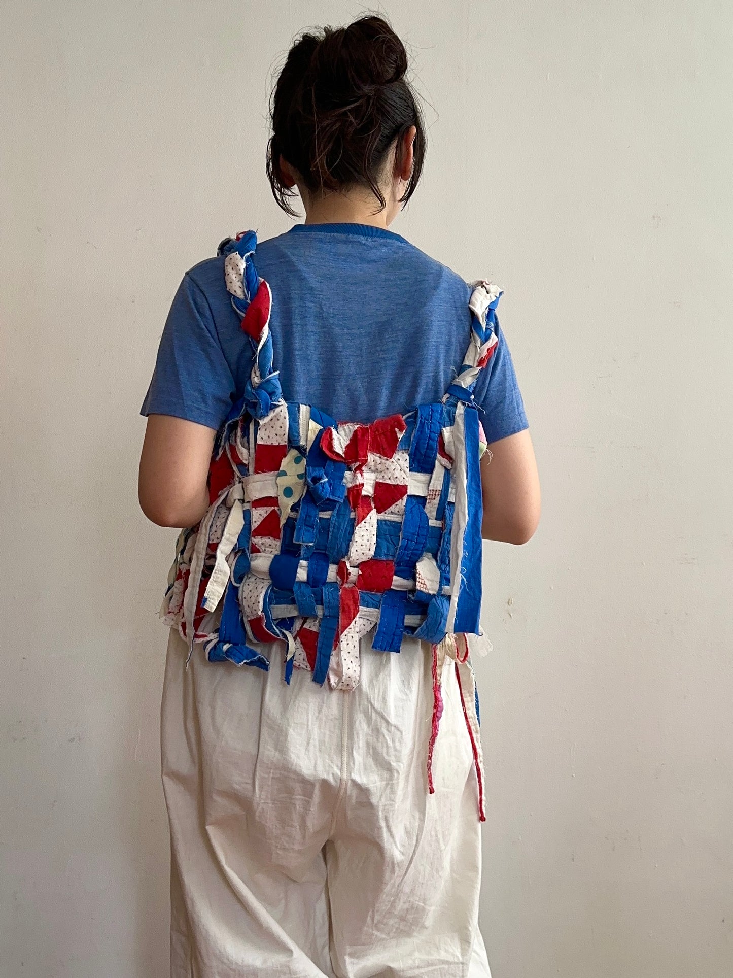 old quilt hand woven bustier /blue