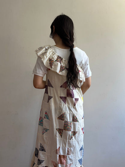 old quilt top frill dress / white