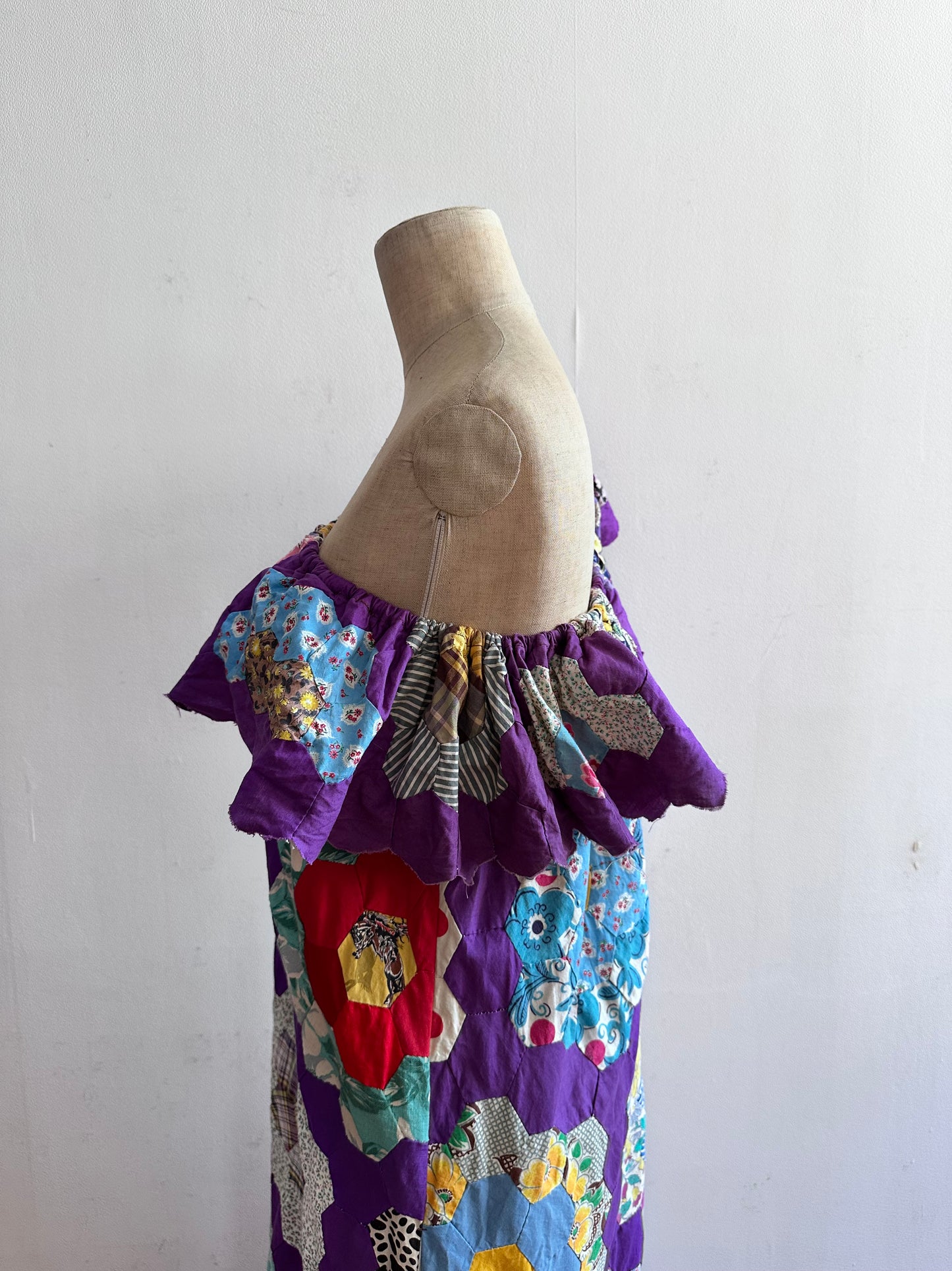 old quilt top frill dress /purple