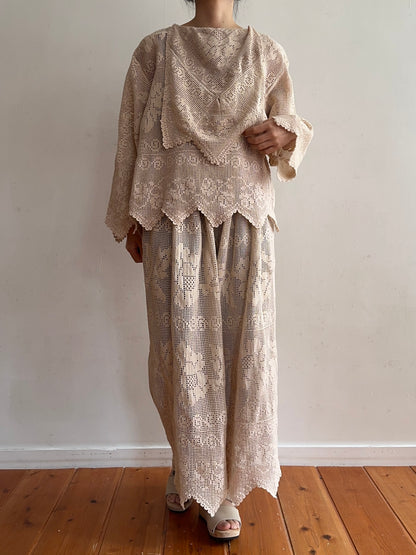 old crochet lace many tuck pants